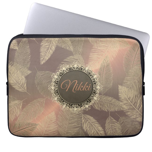 Gold Feathers on Gold Rose Personalised        Laptop Sleeve (Front)