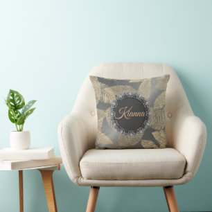 Gold Feathers on Sleek Silver Personalised Cushion