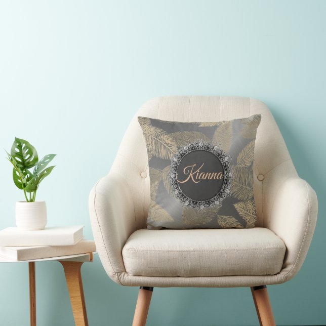 Gold Feathers on Sleek Silver Personalised    Cushion (Chair)