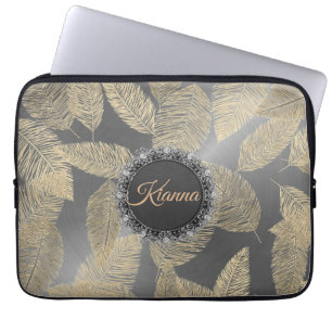 Gold Feathers on Sleek Silver Personalised Laptop Sleeve