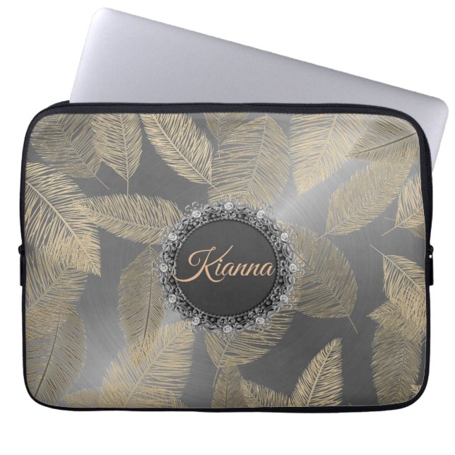 Gold Feathers on Sleek Silver Personalised Laptop Sleeve (Front)