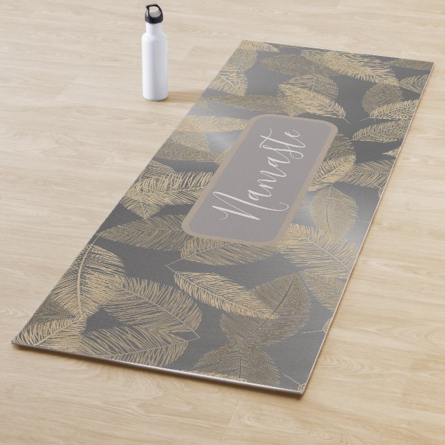 Gold Feathers on Sleek Silver Personalised   Yoga Mat (In Situ)