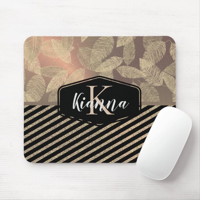 Gold Feathers with Gold Stripes Monogram         Mouse Pad (With Mouse)