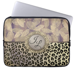 Gold Feathers with Leopard Print Monogram        Laptop Sleeve