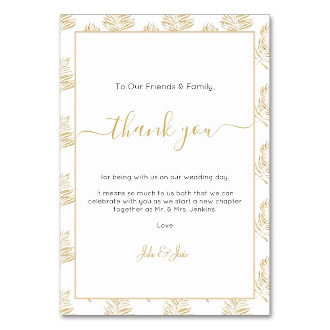 Gold fern leaf Wedding thank you Table Card (Front)