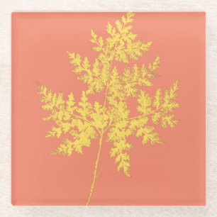 Gold Fern on Coral Botanical Glass Coaster