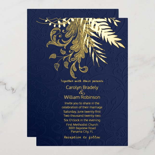 Gold Ferns and Foliage on Blue Damask Wedding (Front/Back)