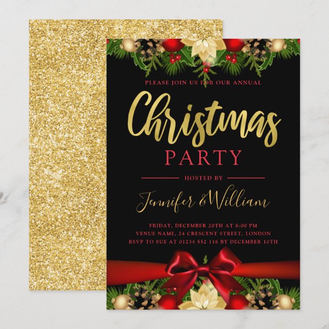 Gold Festive Floral & Ribbon | Xmas Holiday Party  Invitation (Front/Back)