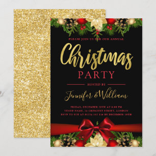 Gold Festive Floral & Ribbon   Xmas Holiday Party  Invitation