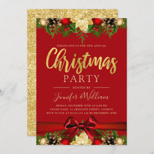 Gold Festive Floral & Ribbon   Xmas Holiday Red Invitation