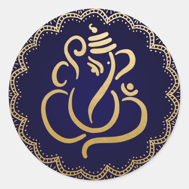 Gold Festive Ganesh | Indian God Blue Classic Round Sticker (Front)