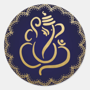 Gold Festive Ganesh   Indian God Blue Classic Round Sticker