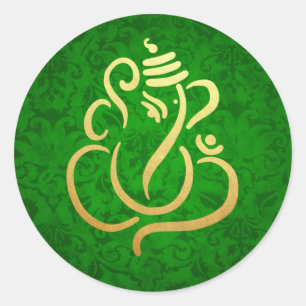 Gold Festive Ganesh   Indian God Damask Green Classic Round Sticker