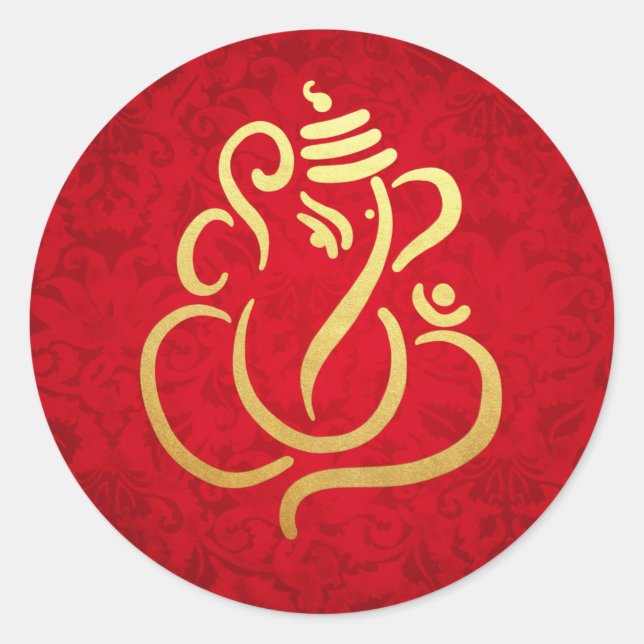 Gold Festive Ganesh | Indian God Damask Red Classic Round Sticker (Front)