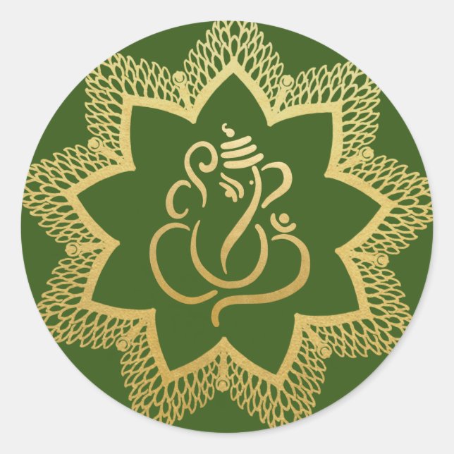 Gold Festive Ganesh | Indian God Green Classic Round Sticker (Front)