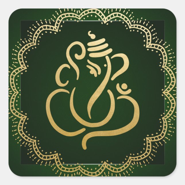 Gold Festive Ganesh | Indian God Green Square Sticker (Front)