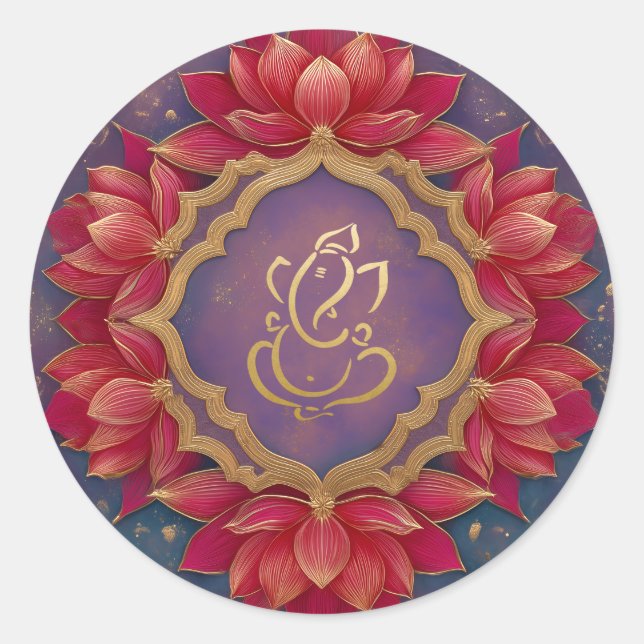 Gold Festive Ganesh | Indian God Purple Pink Lotus Classic Round Sticker (Front)