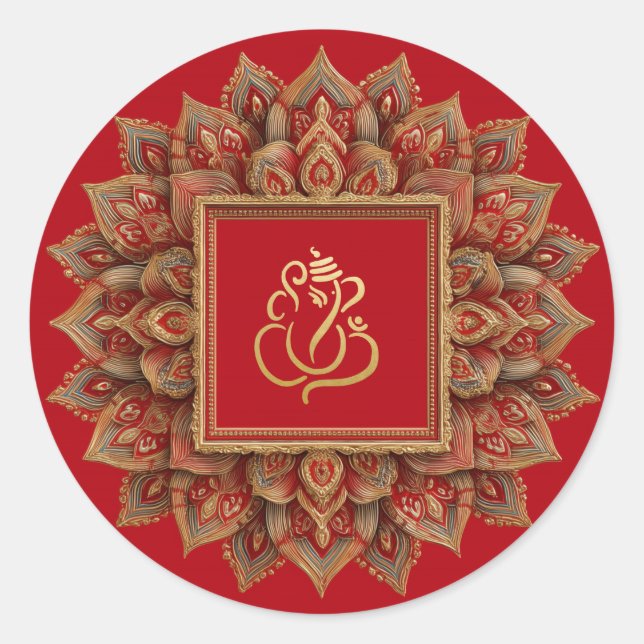 Gold Festive Ganesh | Indian God Red Classic Round Sticker (Front)
