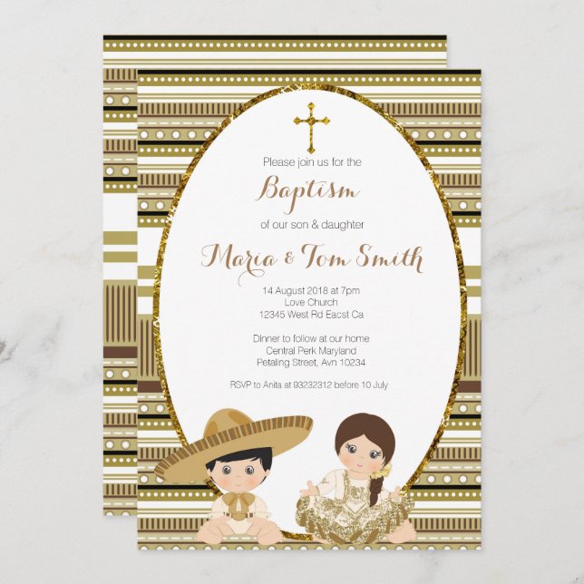 Gold Fiesta Boy & Girl Baptism Christening Invitation (Front/Back)