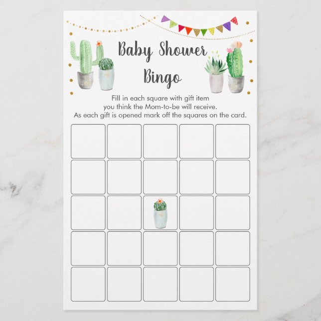 Gold Fiesta Cactus Baby Shower Bingo Game (Front)