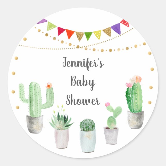 Gold Fiesta Cactus Baby Shower Classic Round Sticker (Front)