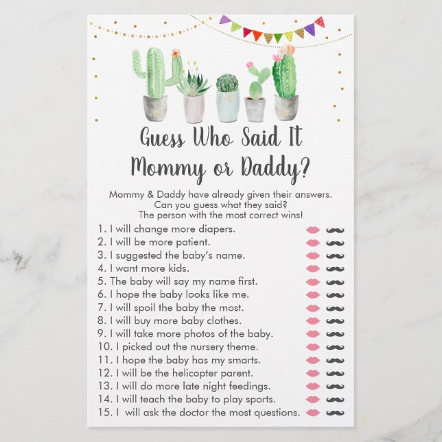 Gold Fiesta Cactus Guess Who Said It Game (Front)