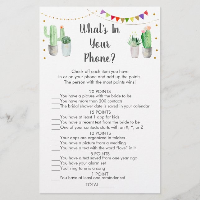 Gold Fiesta Cactus What's In Your Phone Game (Front)