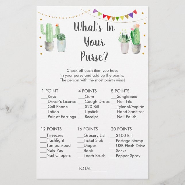 Gold Fiesta Cactus What's In Your Purse Game (Front)