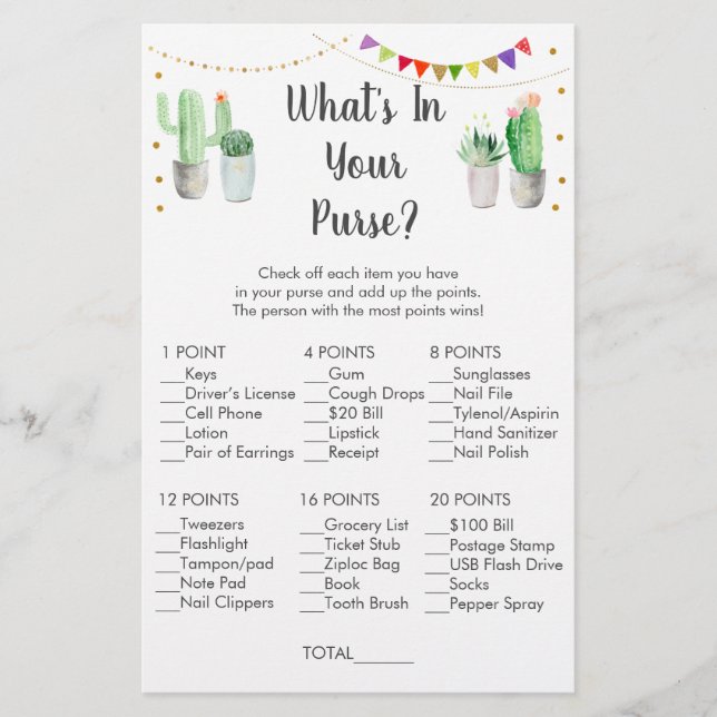 Gold Fiesta Cactus What's In Your Purse Game (Front)