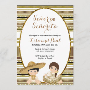 Gold Fiesta Señor or Señorita Gender Reveal Invitation