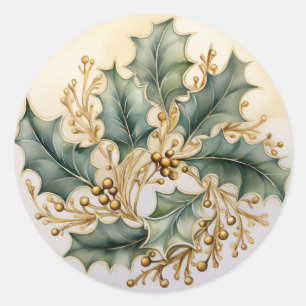 Gold Filigree and Holly Berries Classic Round Sticker