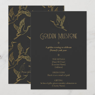 Gold Filigree Art Deco Crane 50th Birthday Invitation