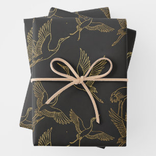 Gold Filigree Art Deco Crane Charcoal Grey Wrapping Paper Sheet