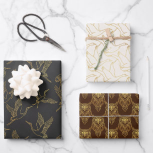 Gold Filigree Art Deco Heirloom Birds Set of Wrapping Paper Sheet