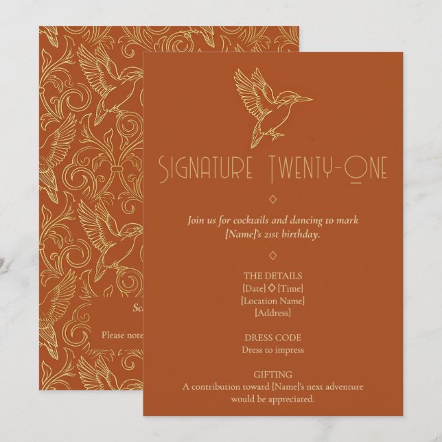 Gold Filigree Art Deco | Kingfisher 21st Birthday Invitation (Front/Back)