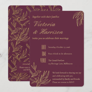 Gold Filigree Art Deco Merlot Fairy Wren Wedding Invitation