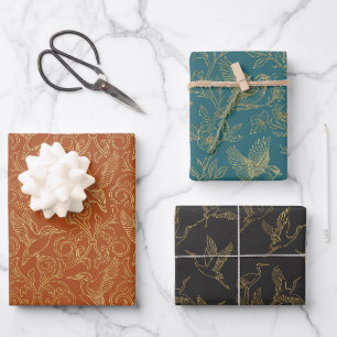 Gold Filigree Art Deco Metropolitan Birds Set of Wrapping Paper Sheet