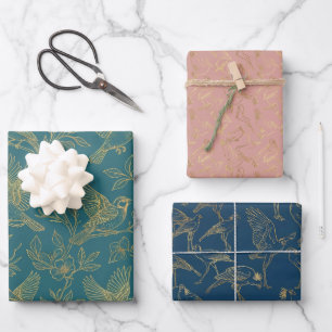 Gold Filigree Art Deco Nordic Bloom Birds Set of Wrapping Paper Sheet