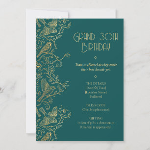 Gold Filigree Art Deco Sparrow 30th Birthday Invitation