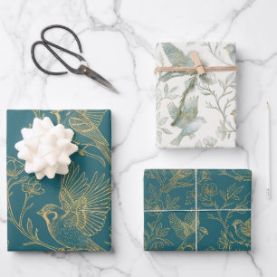Gold Filigree Art Deco Sparrow Teal Blue Set of Wrapping Paper Sheet
