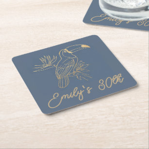 Gold Filigree Art Deco Toucan Estate Grey Custom Square Paper Coaster