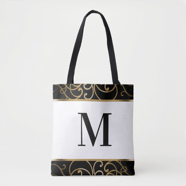 Gold Filigree Border Monogrammed Tote (Front)