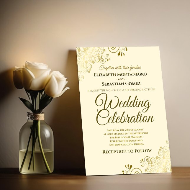 Gold Filigree Chic Elegant Formal Cream Wedding Invitation (Creator Uploaded)