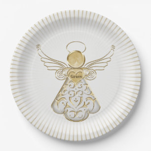 Gold Filigree Christmas Angel of Grace Light Rays Paper Plate