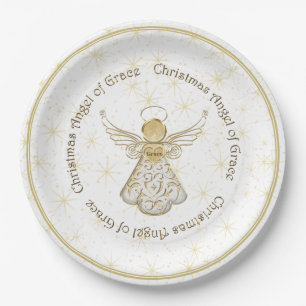 Gold Filigree Christmas Angel of Grace & Stars Paper Plate