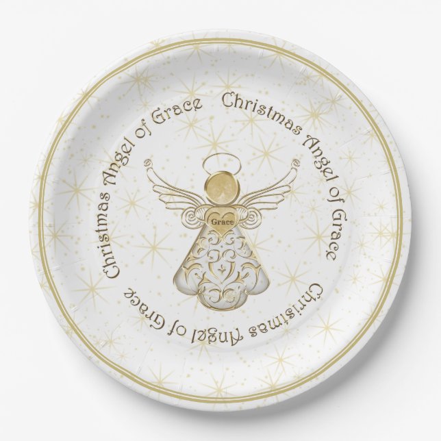 Gold Filigree Christmas Angel of Grace & Stars Paper Plate (Front)
