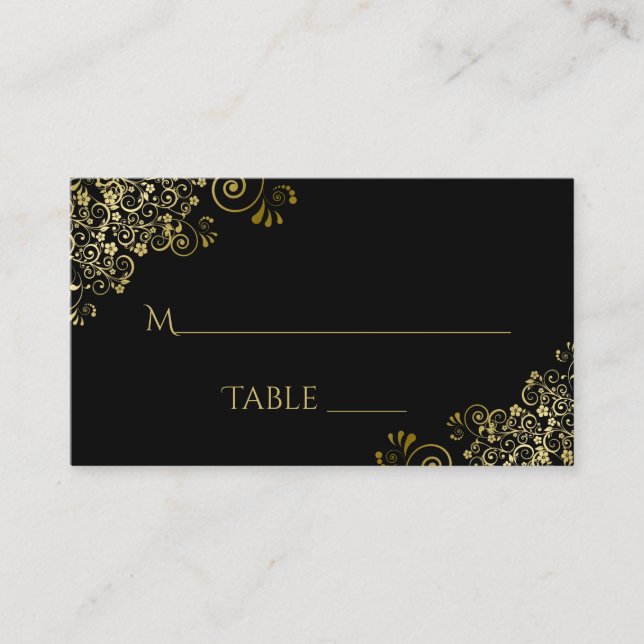 Gold Filigree Elegant Black Wedding Escort Card (Front)
