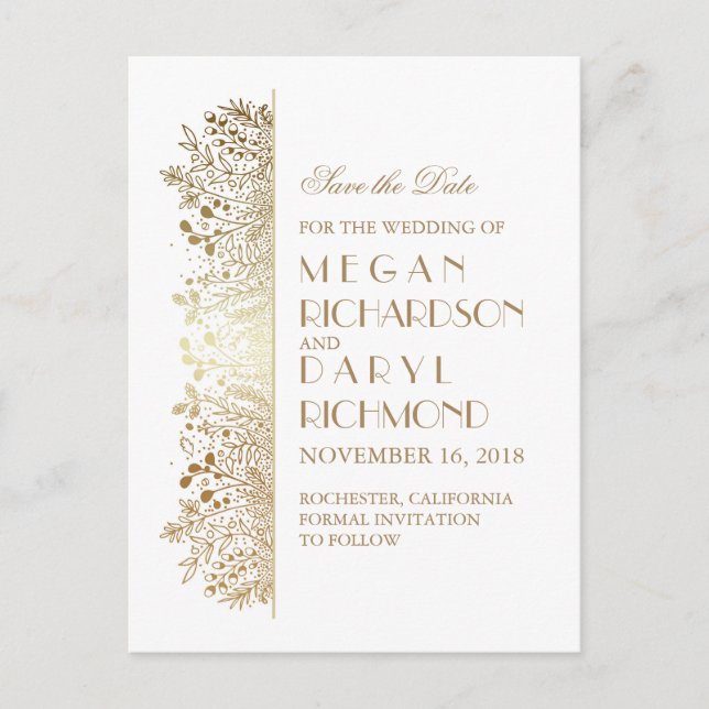 Gold Filigree Elegant Floral Save the Date Announcement Postcard (Front)
