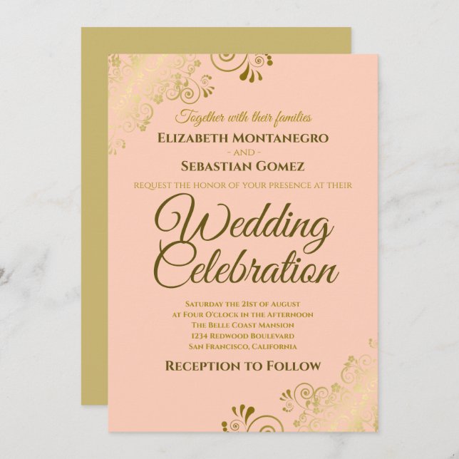 Gold Filigree Elegant Formal Coral Peach Wedding Invitation (Front/Back)