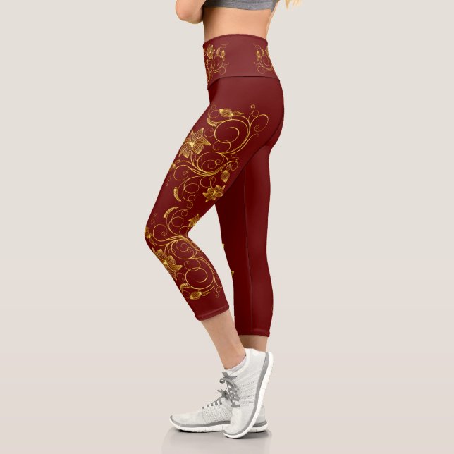 Gold Filigree Floral Vine Sporty chic Activewear Capri Leggings (Left)